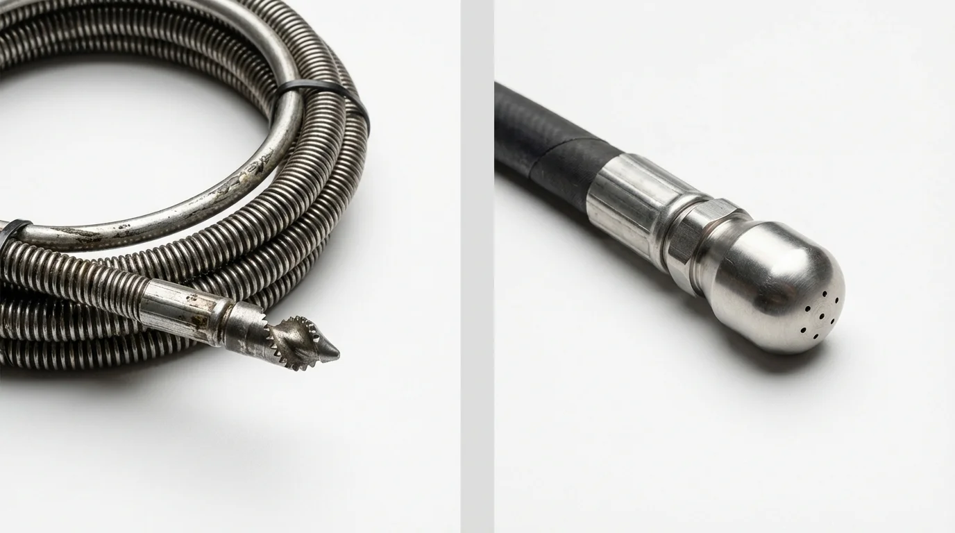 Drain snake cable and hydro jetting nozzle used for drain cleaning in Hawthorne, NY