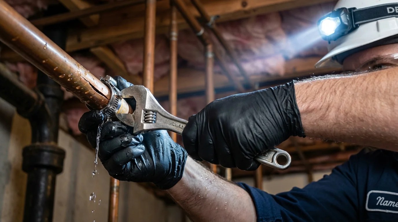 Emergency pipe clamp repair being performed by a Johns Plumbing LLC plumber in Hawthorne