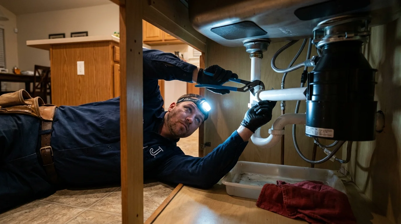 P-trap and supply line connections under a kitchen sink showing a common leak point in Hawthorne, NY
